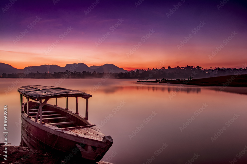 Indonesia Sunrise Lake boat landscape