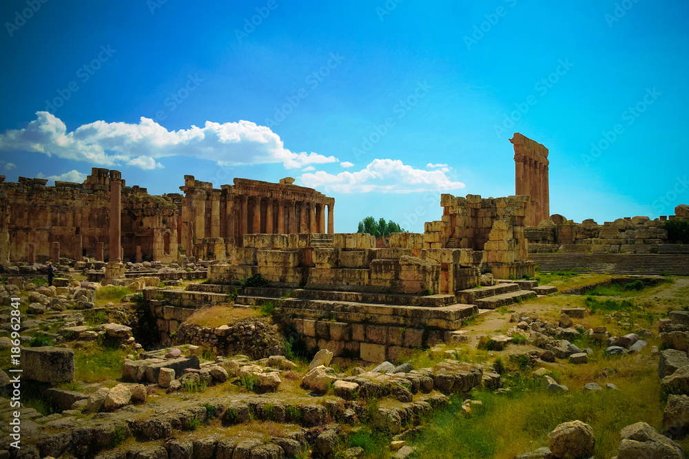 Ruins of Jupiter and Bacchus temples and great court of Heliopolis in Baalbek, Bekaa valley Lebanon