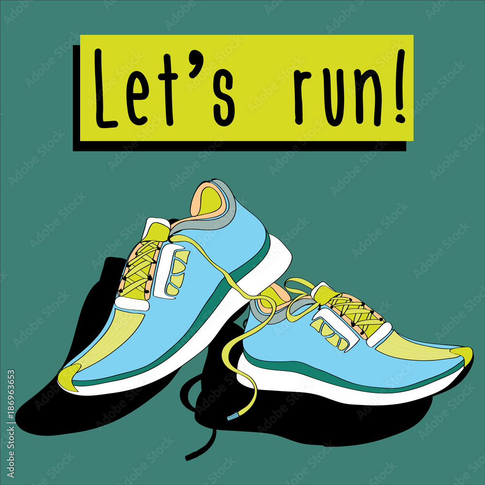 Pair of blue-yellow sneakers. Vector illustration on turquoise ...