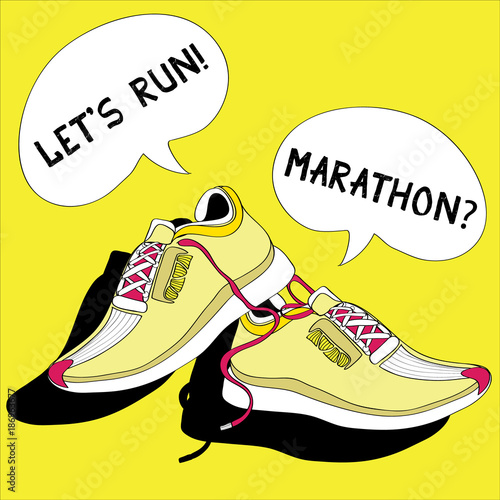 Pair of sneakers. Vector illustration on yellow background.  Dialoque bubbles: Let's run! Marathon? photo