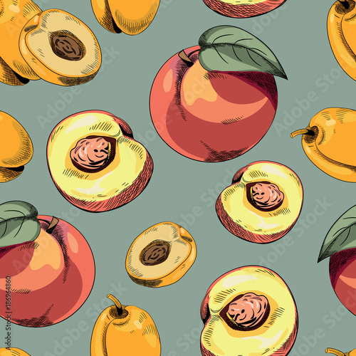 Apricots and peaches seamless pattern. Vector illustration on green background