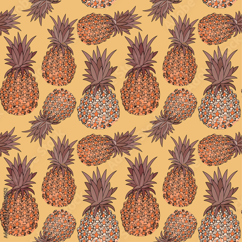 Beautiful pineapples seamless pattern. Vector illustration on orange background