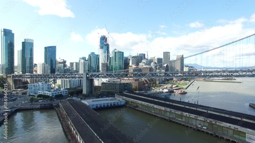 Aerial View of San Francisco Downtown & Bay Bridge, Birds Eye View of SF City, Palm Trees, Ocean, Coast Highway, Busy Streets of California Aerial View of San Francisco Downtown & Bay Bridge, Birds Eye View of SF City, Palm Trees, Ocean, Coast Highway, Busy Streets of California