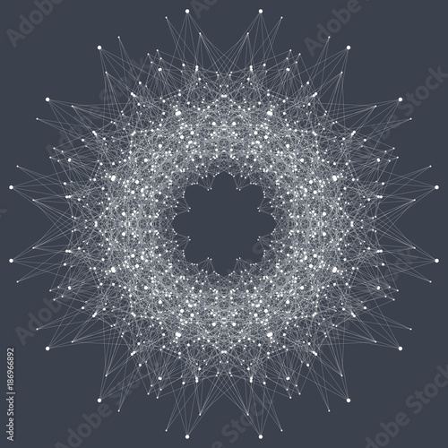 Fractal element with connected line and dots. Virtual background communication or particle compounds. Global network connection. Digital data visualization. Vector illustration.