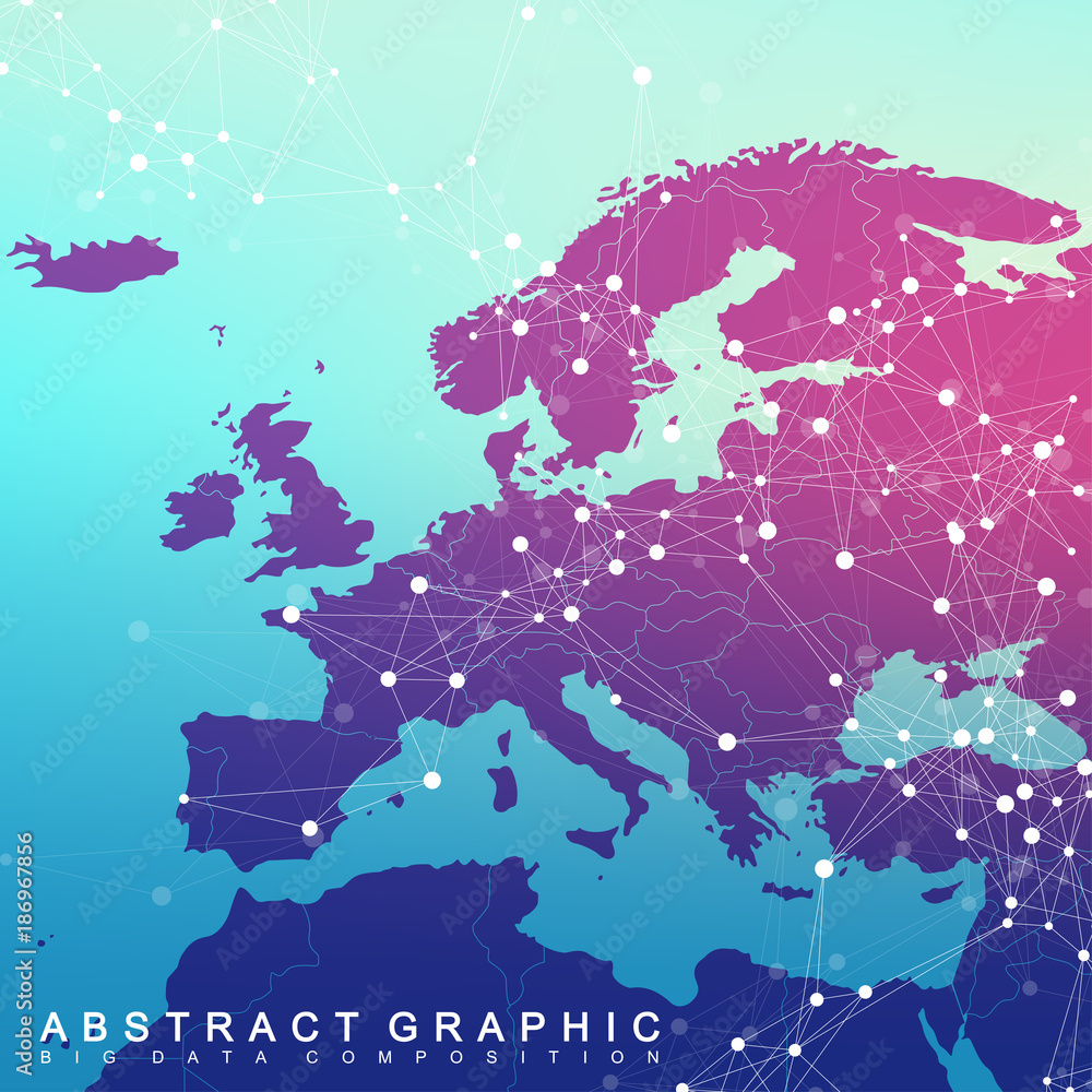 Global network connection with Europe Map. Network and big data visualization background. Global business. Vector Illustration. - obrazy, fototapety, plakaty 