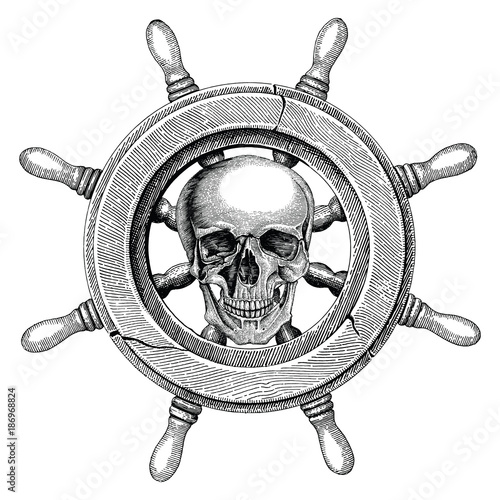 Old steering wheel ship hand drawing vintage style with human skull,Pirate logo