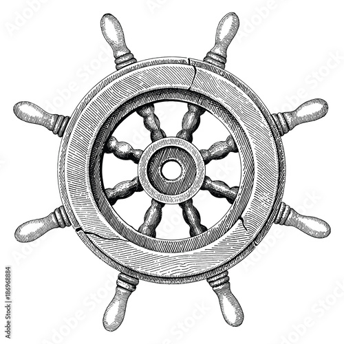 Old steering wheel ship hand drawing vintage style