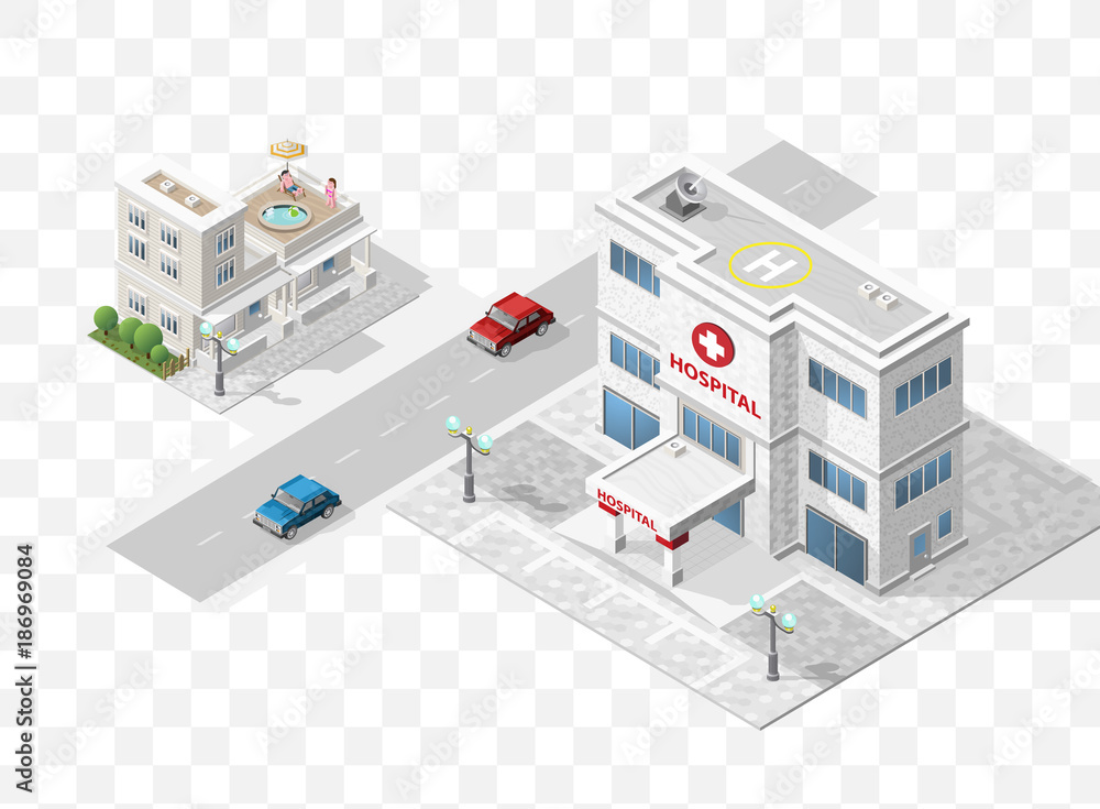 Set of Isolated High Quality Isometric City Elements on Transparent Background