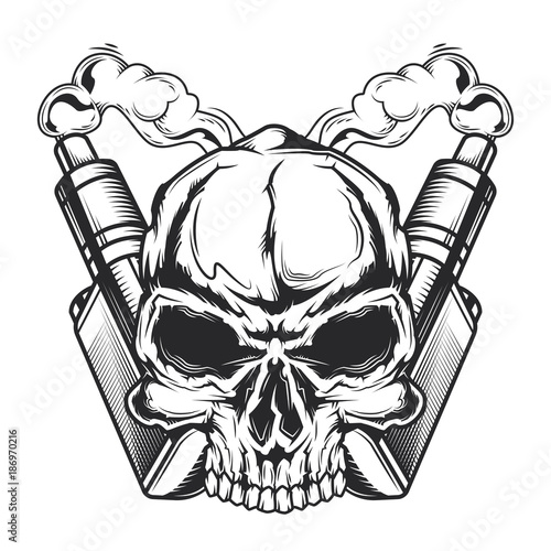 Emblem design with illustration of skull, steam and electronic vaperizers