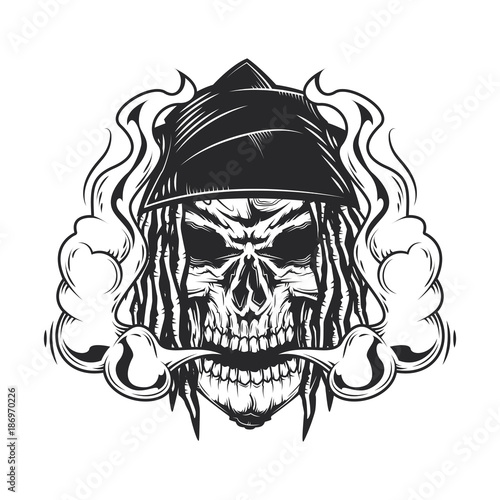 Emblem design with illustration of skull and steam
