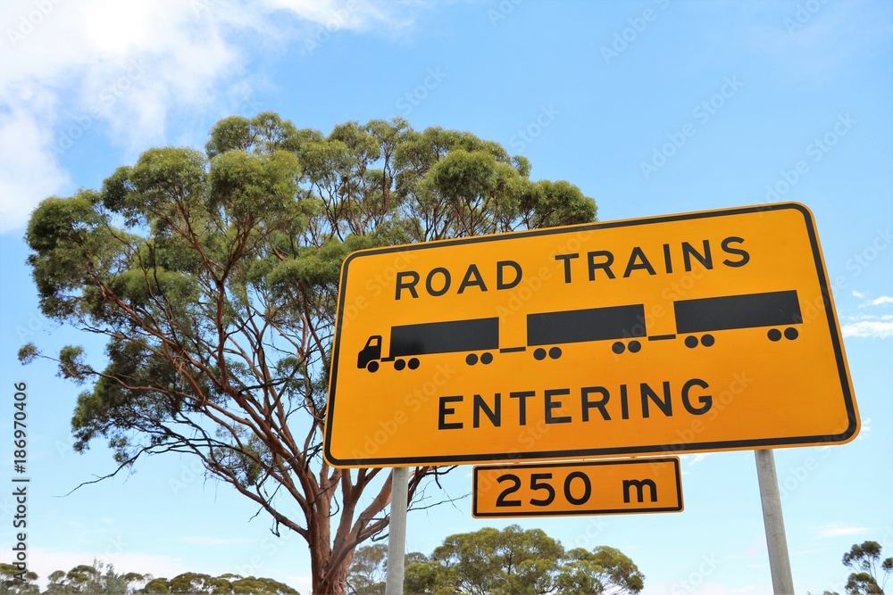 Traffic Sign Attention Road Trains Entering, Australia 