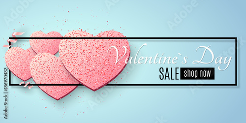 Valentines Day sale web banner. Pink hearts of glitters in a black frame with ribbons. Romantic banner. Advertising web banner for sale. Special offer. Vector.