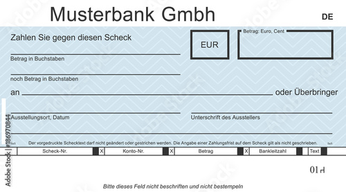 
Vektor-Musterbank mit modernem Design. Original check - blanko blue. Blankoüberprüfung mit freiem Platz für Ihren Text.