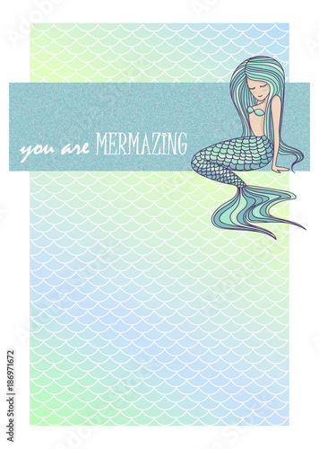 Cute mermaid and sea life cartoon greeting card template photo