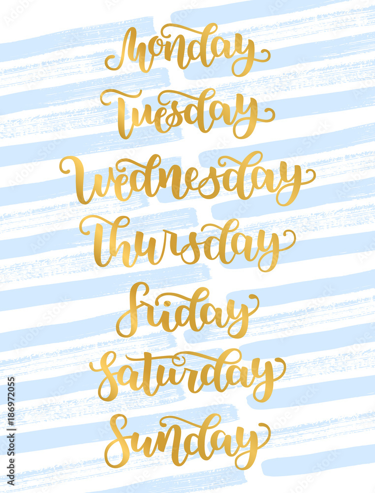 Lettering Days Of Week Sunday, Monday, Tuesday, Wednesday, Thursday, Friday,  Saturday. Modern Calligraphy Isolated On White With Golden Bands. Vector  Illustration. Brush Ink Hand Lettering For Schedule Royalty Free SVG,  Cliparts, Vectors