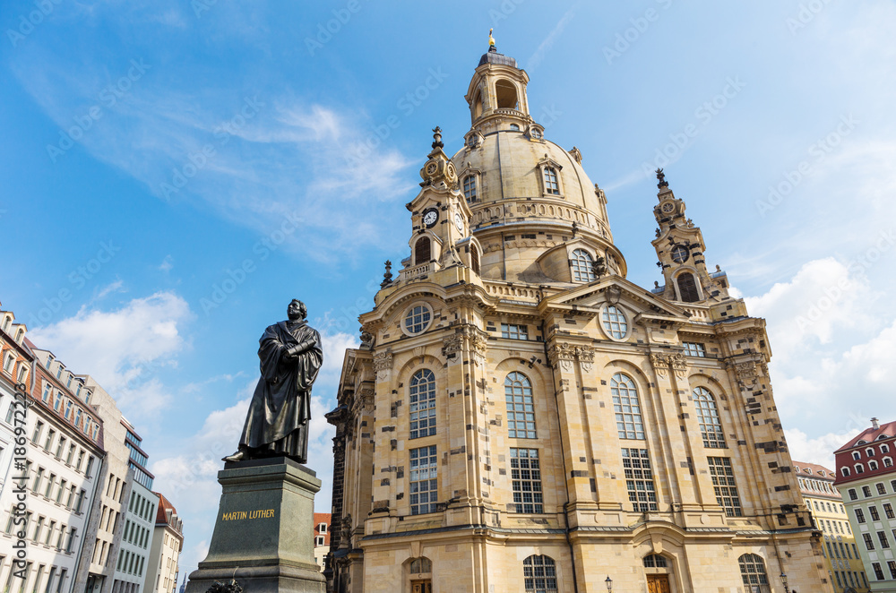 Frauenkirche with Martin Luther statue in Dresden, Saxony, Germany
