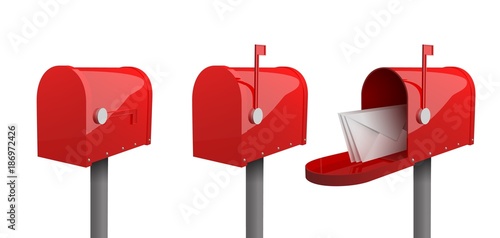 Fotografia A set of mailboxes with a closed door, a raised flag, with an open door and letters inside