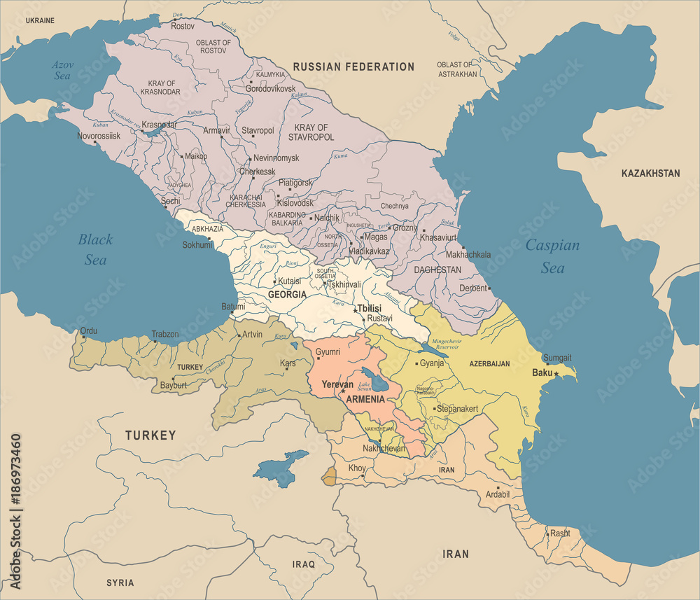 Fototapeta premium Mapa regionu Kaukazu - Vintage ilustracji wektorowych