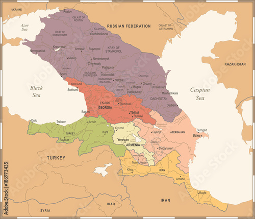 Caucasus Region Map - Vintage Vector Illustration