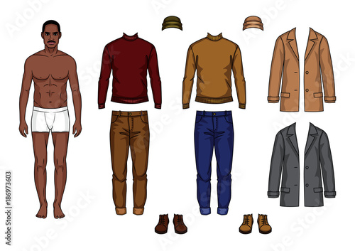 Vector hand drawn color illustration of an african american guy in the underwear is standing in front. Paper doll of dark skin man with clothes  isolated from background photo