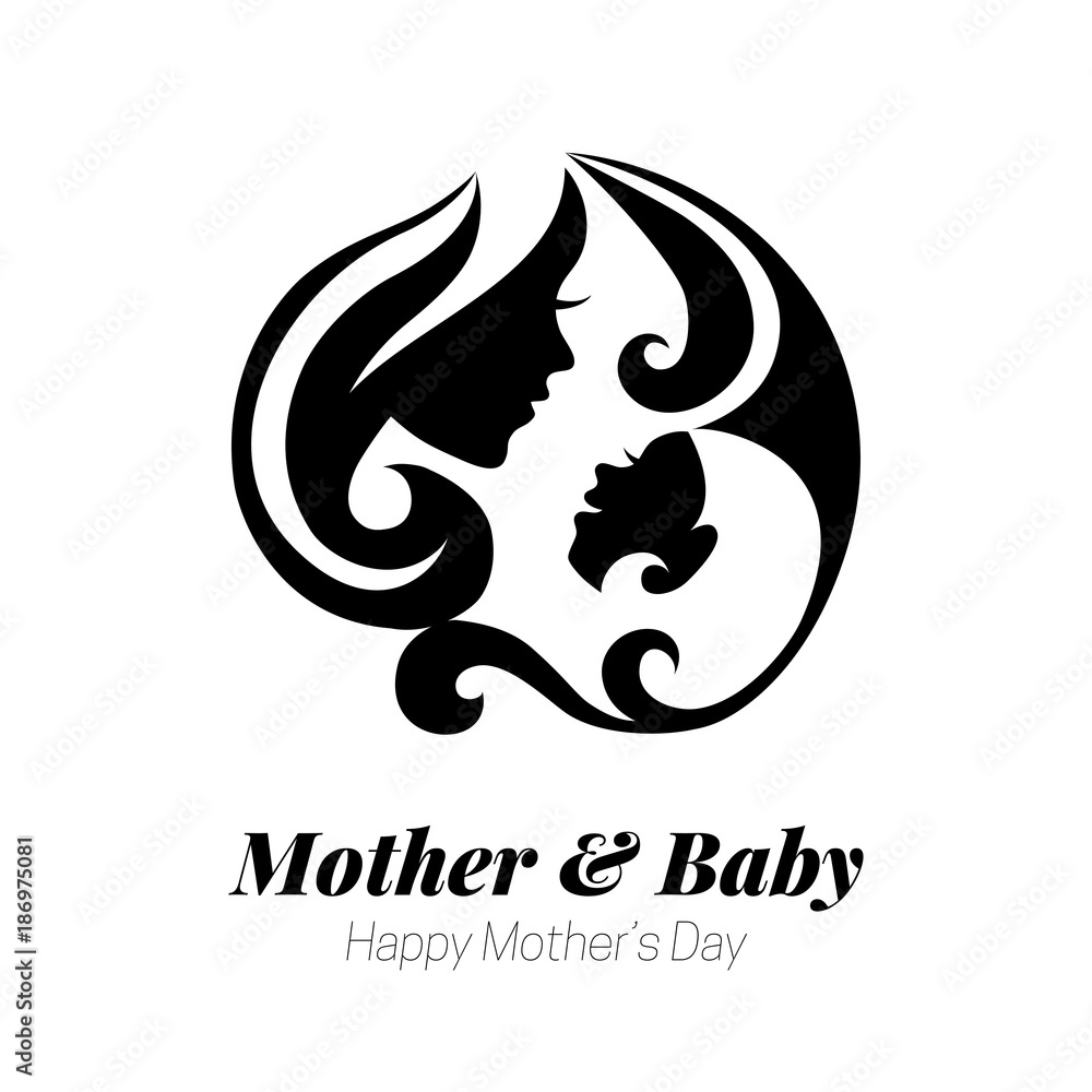 Vector illustration of mother silhouette with her baby. Card of Happy Mothers Day. Logo of beautiful woman and child