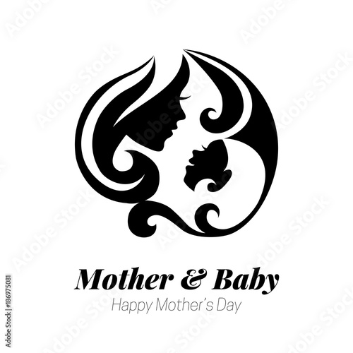 Vector illustration of mother silhouette with her baby. Card of Happy Mothers Day. Logo of beautiful woman and child