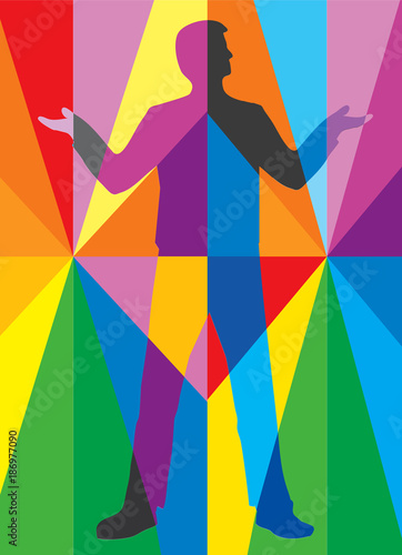 Man in multicolored abstract space.
Male silhouette on a colorful striped background. Suitable for advertising for sale of colors.Vector available.