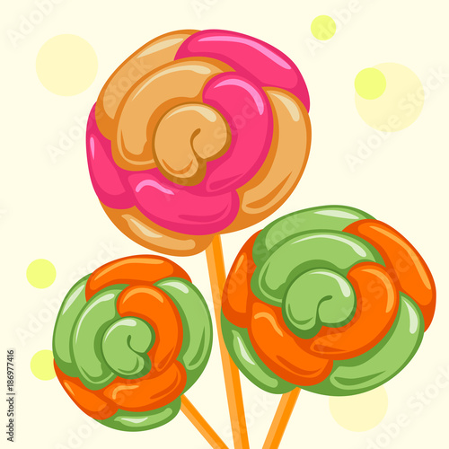 Candy and caramel sweets on sticks. Vector illustration.