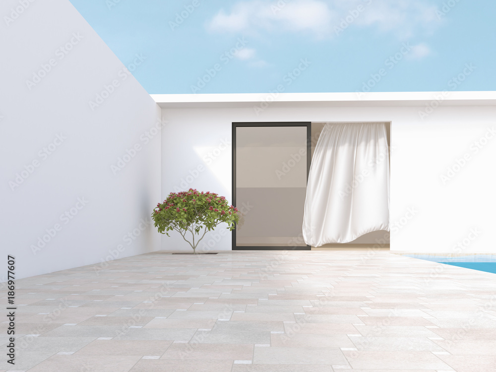 Bright courtyard with red frangipani and blowing curtain, d rendering Bright courtyard with red frangipani and blowing curtain, d rendering