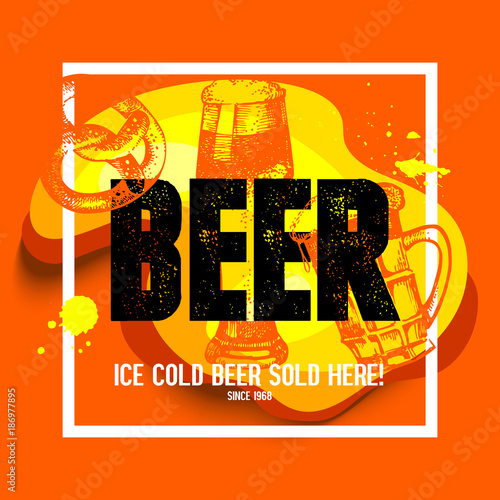 Oktoberfest poster. Hand drawn sketch illustration. Splash blob retro design frame with beer