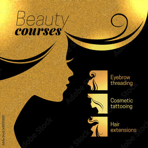 Gold beautiful girl silhouette. Vector illustration of woman beauty salon design. Infographics for cosmetic salon. Beauty courses and training poster