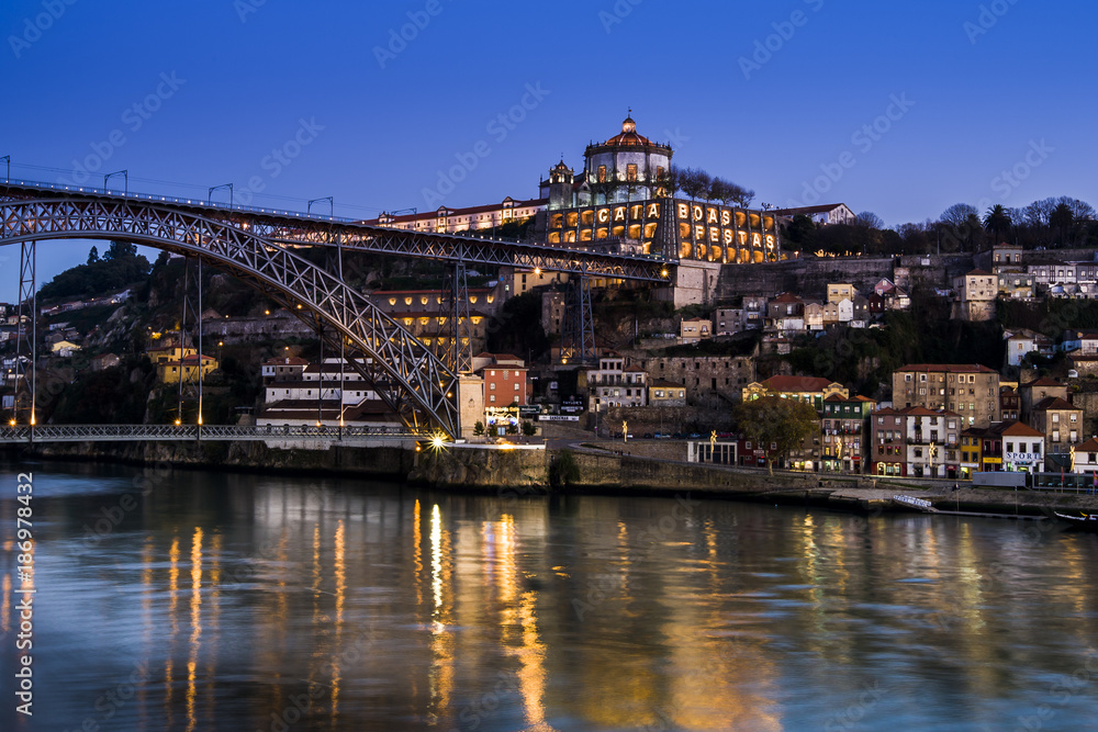 Portugal, Porto, Luiz I Bridge and Douro river, Mosteiro da Serra do Pilar in the evening Portugal, Porto, Luiz I Bridge and Douro river, Mosteiro da Serra do Pilar in the evening