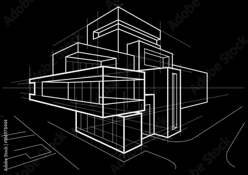 abstract architectural linear sketch of multi-storey building on black background