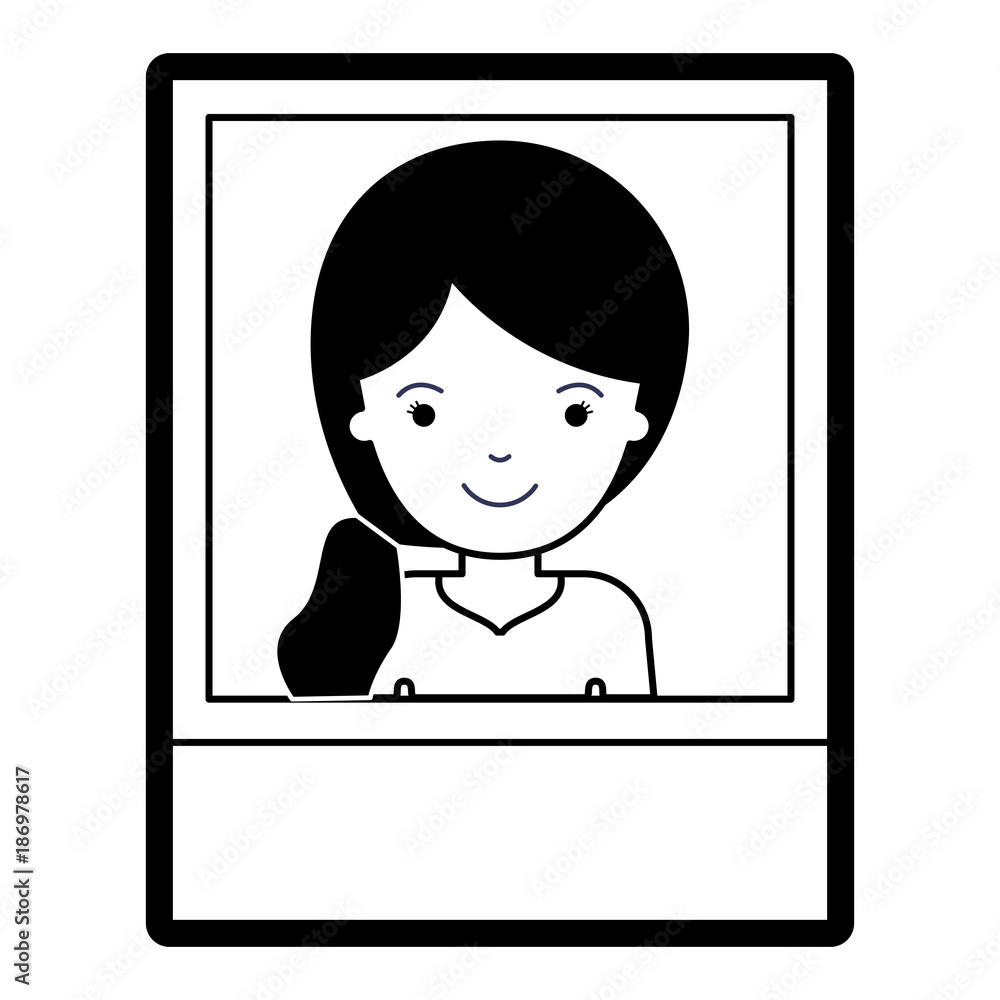 identification photo of woman with pigtail hairstyle in black silhouette with thick contour identification photo of woman with pigtail hairstyle in black silhouette with thick contour