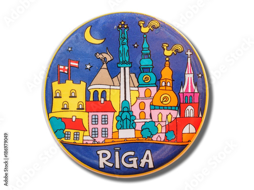 Riga (Latvia) souvenir refrigerator magnet isolated on white background