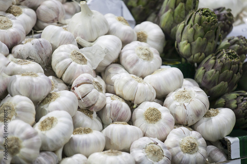 Garlic and artichokes on the Borough market in London