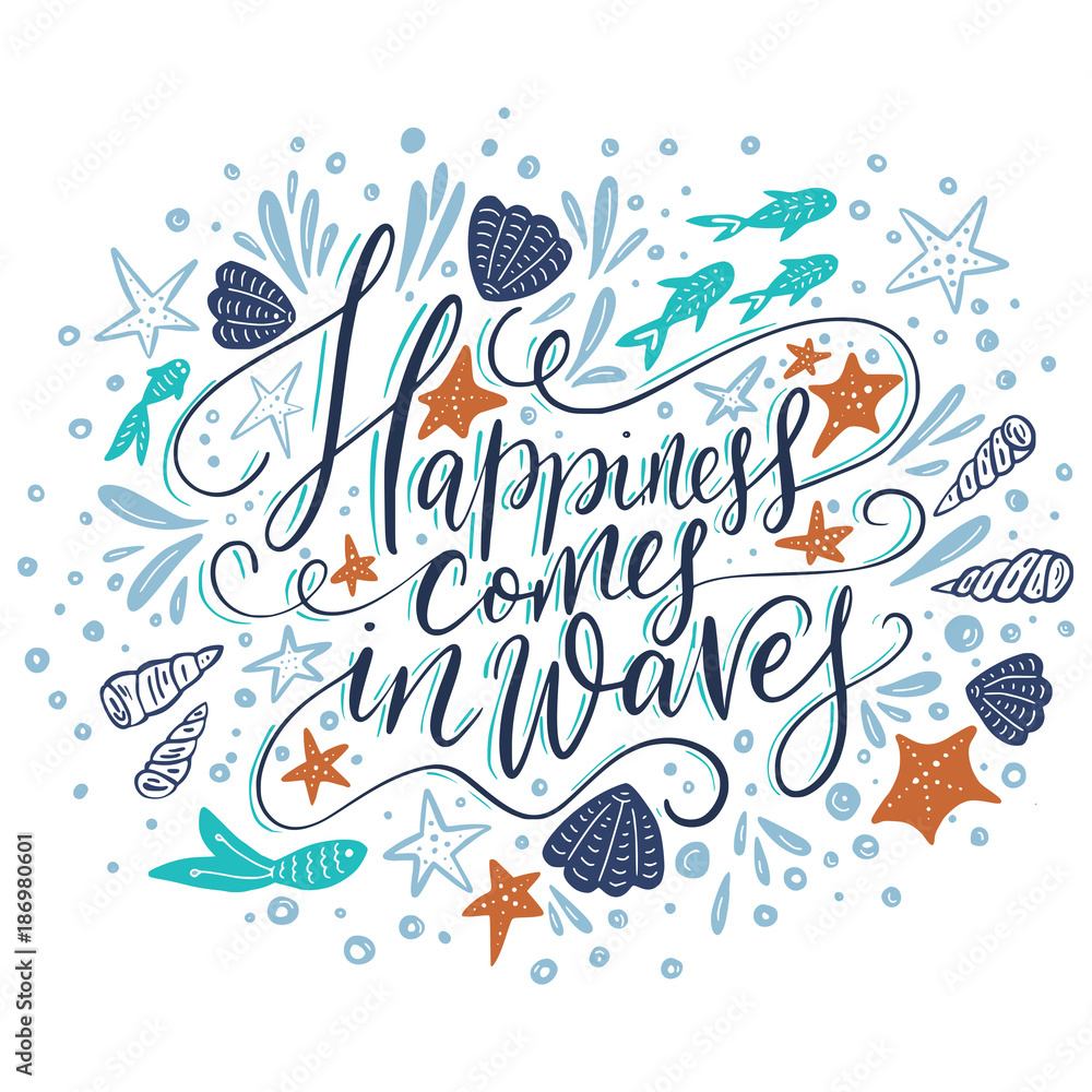 Happiness cpmes in waves. Vector lettering card.