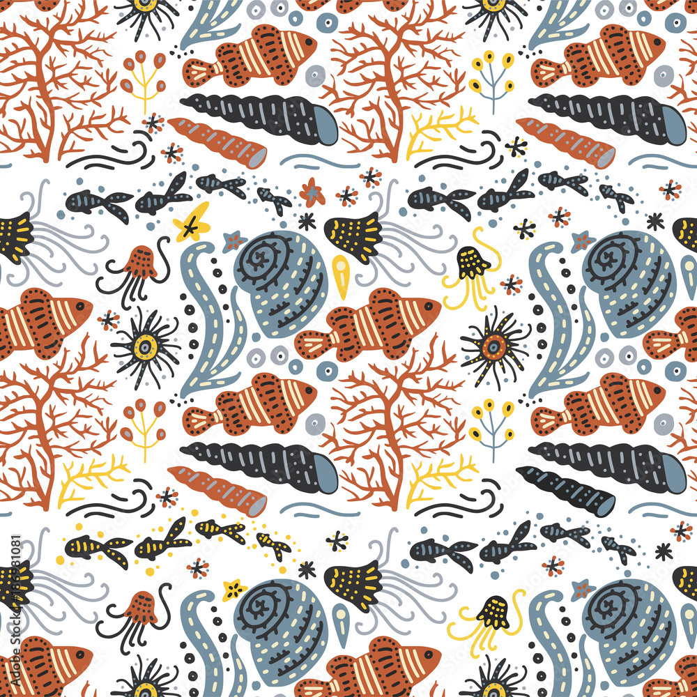Obraz premium Vector handdrawn sea pattern with various marine animals. 