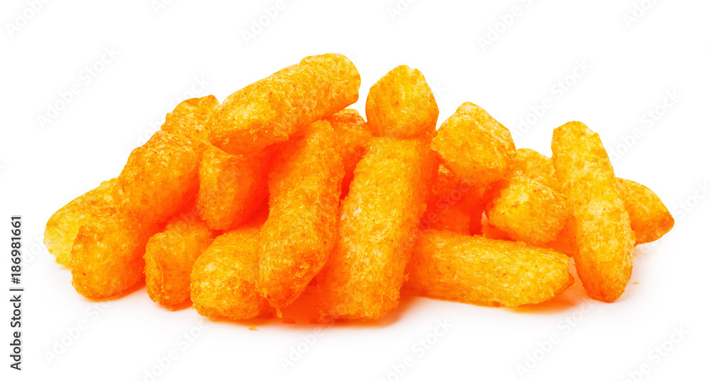Cheese yellow corn snacks in white