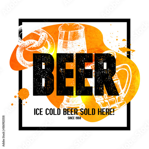 Oktoberfest background. Hand drawn sketch illustration. Splash blob retro design frame with beer