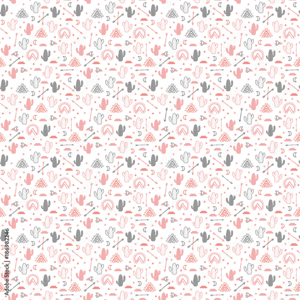 Vector seamless pattern with succulent cactus, stars, arrow, wigwam and moon. Cute print for textile, paper.