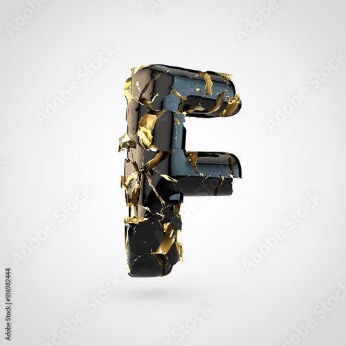 Cracked black letter F uppercase with gold inside.