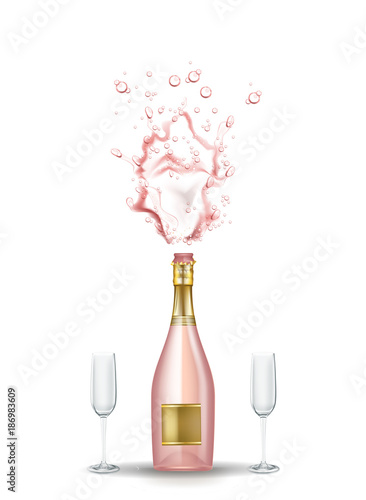 vector realistic pink champagne explosion, glasses