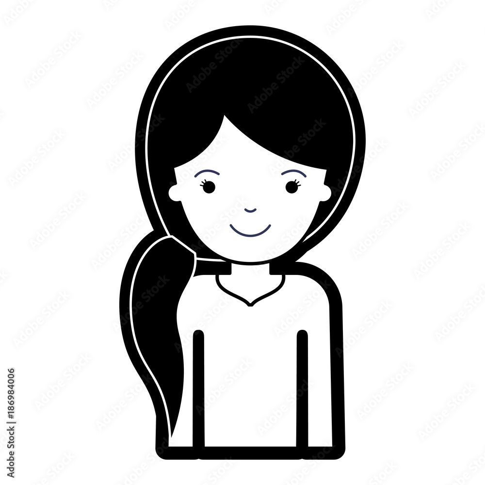 half body woman with pigtail hairstyle in black silhouette with thick contour half body woman with pigtail hairstyle in black silhouette with thick contour