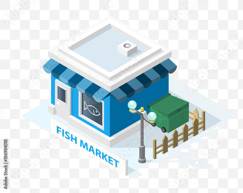 Isometric High Quality City Element with 45 Degrees Shadows on Transparent Background . Fish Market