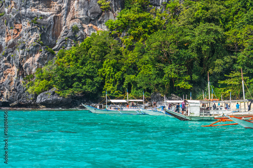 El Nido bay scenic islands view with bangka boats  Palawan  Philippines