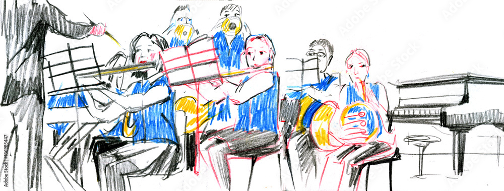 Fototapeta premium Sketch of the copper brass orchestra band musical instrument
