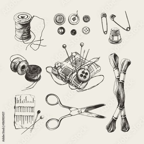 Ink drawn sewing set with scissors, buttons, thread and needles