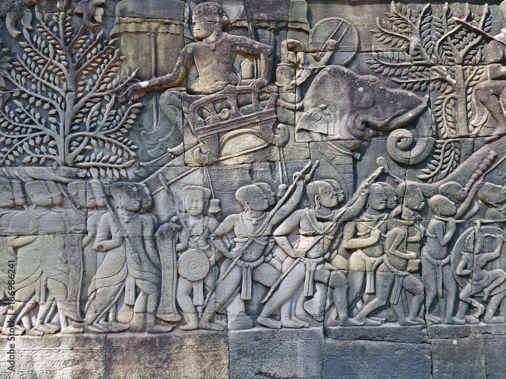 Wall carving at Angkor Wat temple culture of Ancient Khmer 