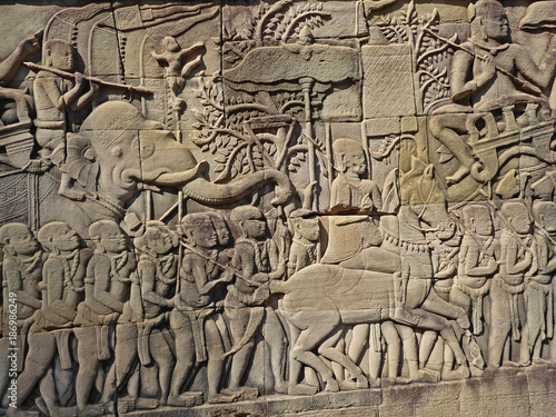 Architecture Bas-relief wall carving of Prasat Bayon temple at Angkor Wat 